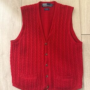 Ralph Lauren 100% Wool Red Cable Knit Button Up Vest